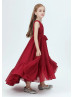 V Neck Burgundy Pleated Chiffon Junior Bridesmaid Dress